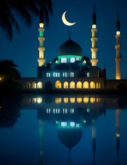 mosque in the night for islamic celebrations day background created using generative AI technology