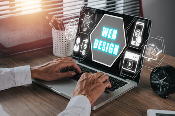 Web design concept, Person working on laptop computer with web design icon on virtual screen.