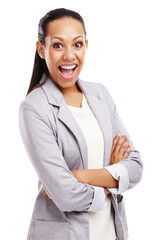 Shocked, arms crossed and portrait of business woman on transparent background for surprise,...