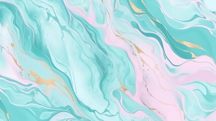Fototapeta na wymiar Background of pastel cyan mint liquid marble watercolor with gold brush streaks and lines. Marbling alcohol ink sketch in teal and turquoise. Backdrop for a vector artwork. GENERATE AI