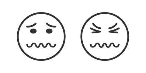 Face with confounded emotion, squiggly mouth and scrunched mimicry. Dizzy, grumpy, unhappy, sad emoticon icon isolated on white background. Vector graphic illustration