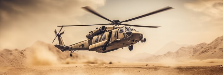 Military helicopter flies over a desert landscape. Generative AI - obrazy, fototapety, plakaty