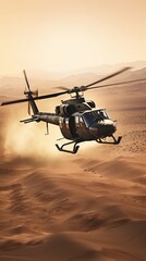Naklejka na ściany i meble Military helicopter flies over a desert landscape. Generative AI