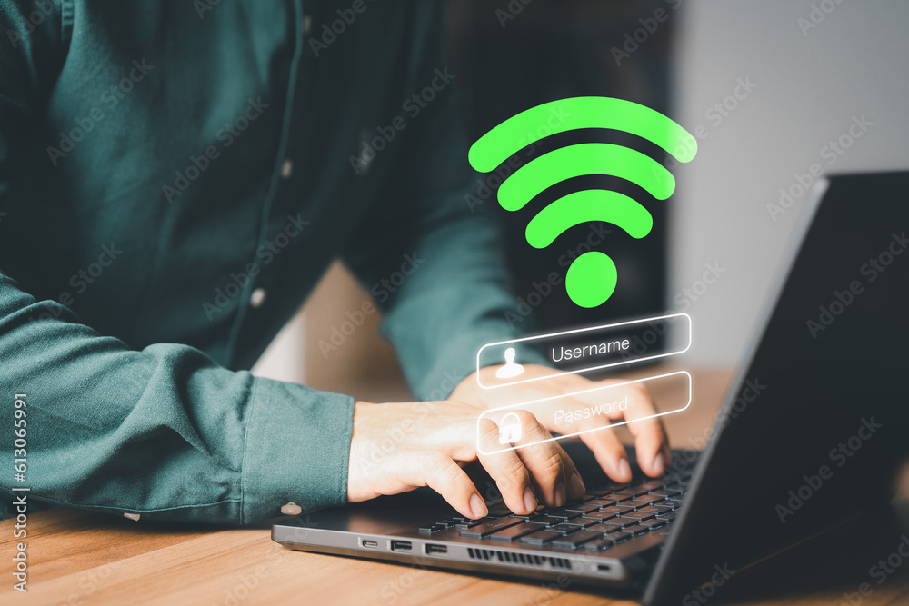 Poster User using a computer laptop to connect to wifi but wifi not connected or password is incorrect and waiting to loading digital data form website, concept technology of waiting for connect to wifi.