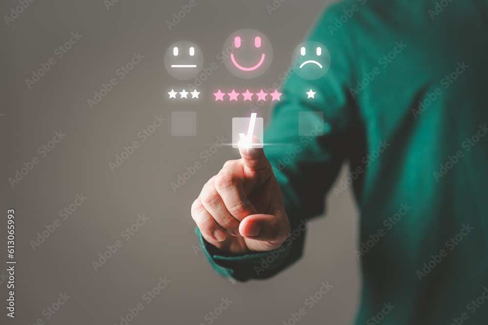 Poster man touching the virtual screen on the smile face icon and five stars to give satisfaction in servic