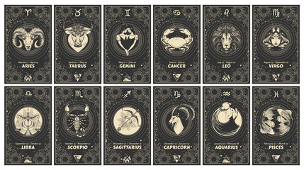 Set of 12 astrology cards with zodiac signs, horoscope, tarot, fortune teller. Vintage engraving, mystical  illustration on black background, outline hand drawing, magical esoteric banner.