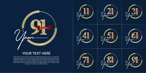 set of anniversary logo with golden number in circle and red ribbon can be use for celebration