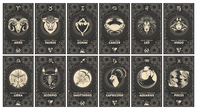 Set of 12 astrology cards with zodiac signs, horoscope, tarot, fortune teller. Vintage engraving, mystical  illustration on black background, outline hand drawing, magical esoteric banner.
