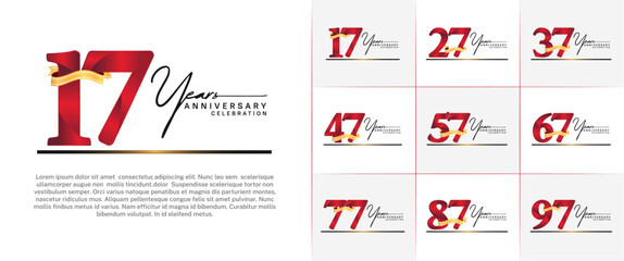 set of anniversary logo with red number and golden ribbon, handwriting text can be use for celebration
