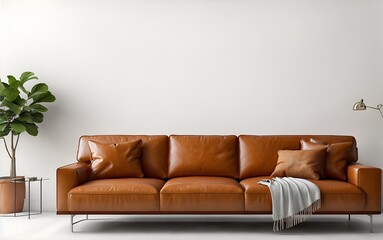 Fototapeta na wymiar minimalist modern living room with a leather brown sofa, Generative AI.