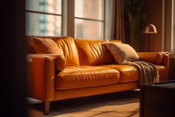 Luxurious and comfortable orange sofa in the modern interior