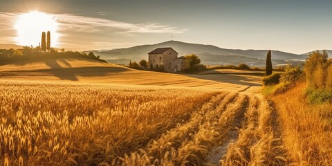 Obraz premium Golden wheat fields in a lovely peaceful day, generative ai