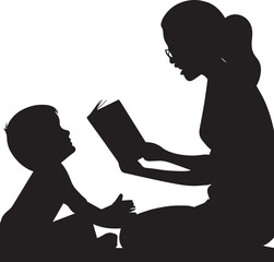 a mom reading book her child vector silhouette