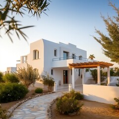 Fototapeta na wymiar White holiday villa with pool, generative ai