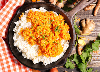 Indian Lentils dal and rice with ingredients
