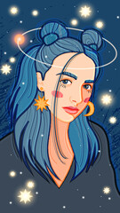 An illustration made in the author's style with the image of a female portrait against the background of the night starry sky