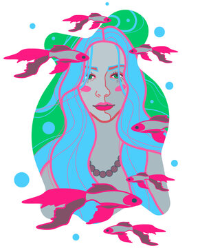 A bright print with the image of a blue-eyed girl in the image of a mermaid, personifying the Pisces zodiac sign