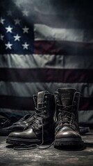 Military boots and American flag in the background. Generative AI