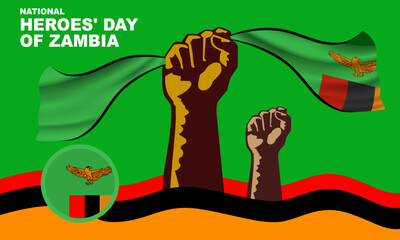 hand holding ZAMBIA flag with ZAMBIA flag background and bold text. commemorate HEROES' DAY OF ZAMBIA on July 3rd
