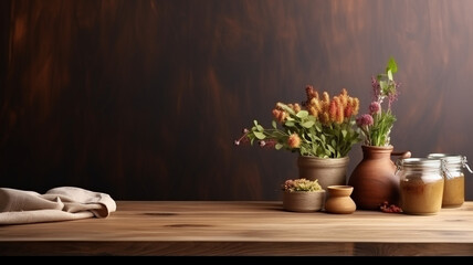 Home Interior Wooden Table Background Free Space Your Decoration, Generative AI