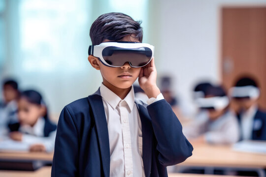 Indian student using virtual reality vision headset for study, VR Pro future, technology, Generative AI
