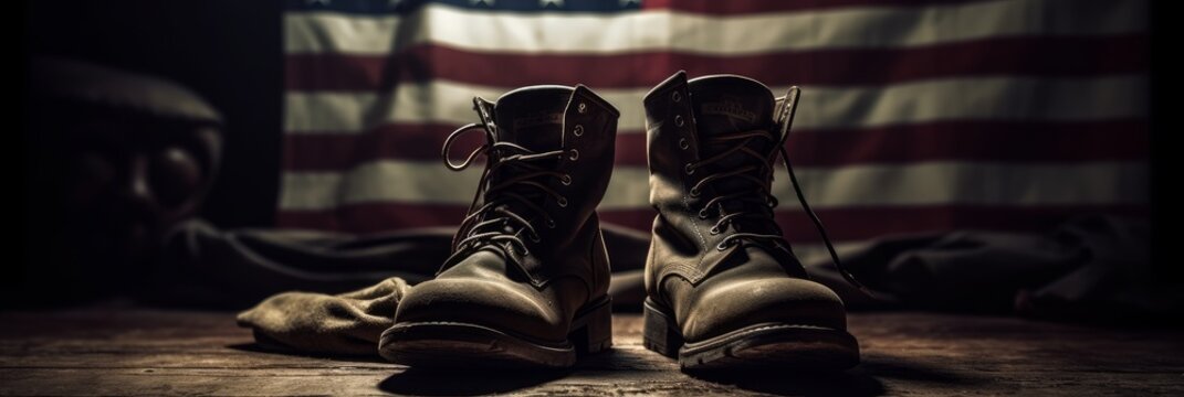 Military boots and American flag in the background. Generative AI