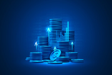 Growth business money investment financial profit coin currency fund banking concept on 3d economy background of wealth finance stock exchange market graph success earnings strategy increase target. - obrazy, fototapety, plakaty