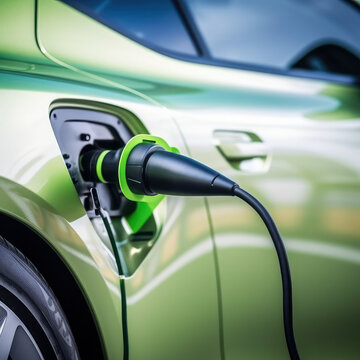 An electric vehicle charger supplies power to a modern car, embracing eco-friendly transportation., generative ai
