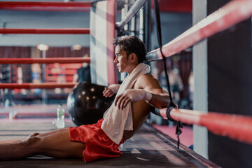 Fototapeta na wymiar Professional boxer feels exhausted, fatigued after putting up intense effort and discipline while following a training schedule. Strict diets that help with physical fitness also lead to burnout.