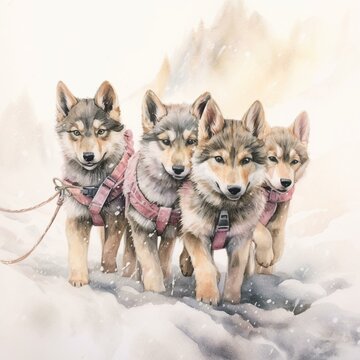Watercolor painting of Wolfdog puppies
