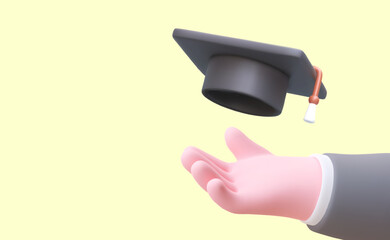 Help in education. Tutor, teacher services. Successful completion of studies. 3D hand throws graduates hat into air. Vector banner with empty space for text