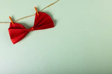 Fotobehang High angle view of red bowtie hanging with clothespins on clothesline on white background © vectorfusionart