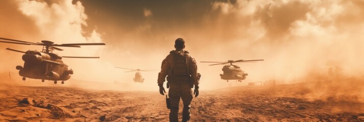 A special forces soldier walks across the battlefield with a helicopter in the background. Generative AI