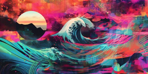 psychedelic landscape collage with big wave, stormy sea in blue and magenta colors, generative ai