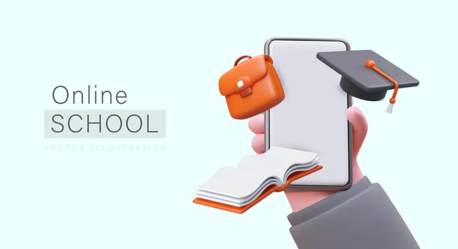 Phone application for distance learning. User is holding 3D smartphone with student accessories. Time to study. Advertising poster for schools, studios, courses, colleges with online programs