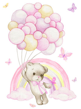 Cute teddy bear, pink balloons, rainbow, butterfly. Watercolor clipart on an isolated background.