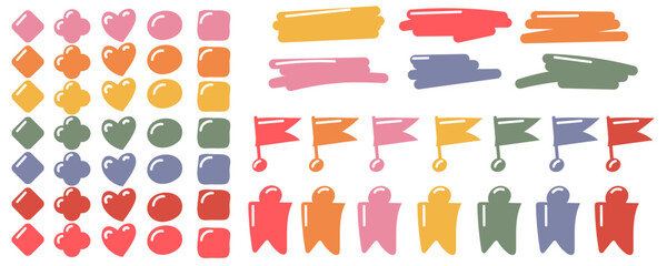 A set of small elements of different shapes with a small volume for selection. Icons of cases in the glider. A set of colored elements for making a list of tasks in a fashionable flat style for glider