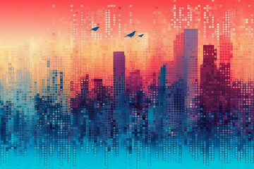 Generative AI - Pixelate buildings and world combined with birds