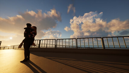 海岸のスロープで夕日を見ながら子供を抱き上げる母親