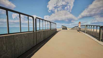 海岸に面した駐車場のスロープで海を見つめる若い女性