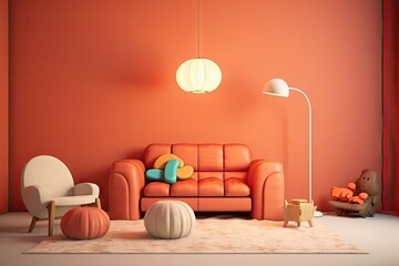 Obraz na płótnie Canvas Mockup of a bedroom with bright orange walls and couch and lamp in the style of kawaii aesthetic, minimalistic design, earth tone color palette, playful whimsy, 1970s. Generative AI