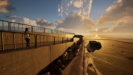 海岸のパーキングの通路で夕日を見つめて佇む若い女性がいる風景