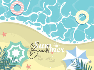 Summer travel flyers with beach items and wave. Top view. Vector illustration. Tropical beach poster. Vector illustration.