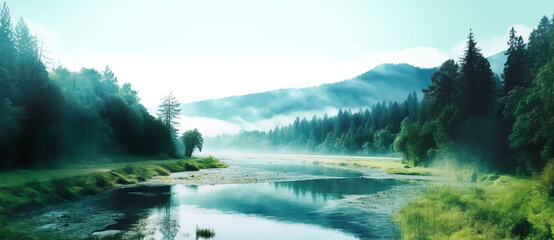 high view.Abstract pine forest or evergreen forest with river stream and landscape mountain in mist.beautiful nature background. ecology and environment.generative ai art