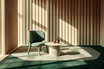 Fototapeta na wymiar Close-up View of Decorative Armchair in Sunlit Waiting Room. Concept modern minimalist design.
