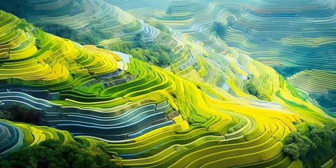 Stickers pour porte Jaune Abstract landscape rice terraces field in colorful.nature agriculture patterns,beautiful greeny hills or valley mountain.generative ai art