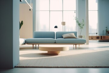Sunlit lounge with armchair and rug in a modern minimalist setting. 3d render.