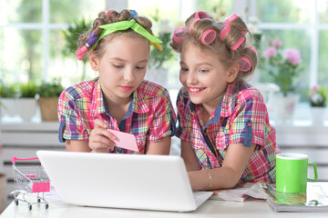 Cute twin girls in hair curlers with laptop shopping online