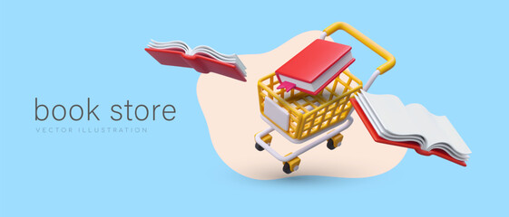 Bookstore on Internet. Preparation for academic year. Electronic versions of books and textbooks. Bright banner with 3D shopping cart filled with books © ArtHub02