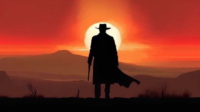 gunslinger with cowboy hat and coat in western environment background, minimalism, dark sunset. generative AI